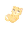 Cute playful ginger kitten lying down. Vector illustration on white background