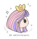 Cute Playful Girl Empower with Girl Power crown, Feminist Cartoon Character illustration. Colorful Doodle Drawing of Confident Royalty Free Stock Photo