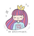 Cute Playful Girl Empower with Girl Power, Feminist Cartoon Character illustration banner. Colorful Doodle Drawing of Confident