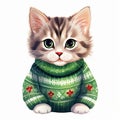 Cute playful kittens wearing warm handmade knitted green sweater. Funny watercolor cat isolated on white background. Royalty Free Stock Photo