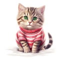 Cute playful kittens wearing warm handmade knitted red sweater. Funny watercolor cat isolated on white background. Royalty Free Stock Photo
