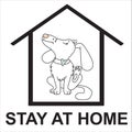 Outline drawing. Caption - stay home. A cute, playful white dog with a heart sits in a house. It scratches the ear and rests.