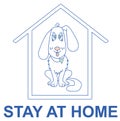 Outline drawing. Caption - stay home. A cute, playful white dog with a heart sits in a house. It scratches the ear and rests.