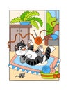 Cute playing kitten in cozy home vector cartoon illustration