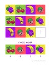 Cute plum, cherry, banana, nut. Logic game for children preschool worksheet activity for kids, task for the development of logical