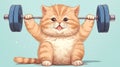 cute plump ginger cat working lifts the barbell, cartoon anime style, banner