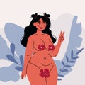 Cute plump woman. Cartoon chubby female body in flowers, healthy overweight body positive concept, natural feminine body