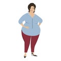 Cute plump woman in red trousers and blue blouse Royalty Free Stock Photo