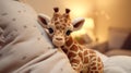 Cute plush baby giraffe toy, lying in soft bed, in warm light