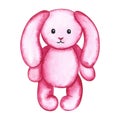 Cute plush pink rabbit. A funny children's toy. Isolate. Handmade watercolor illustration. For the design of