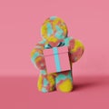 Cute plush rainbow Yeti gift box 3d rendering character pink background. Modern creative minimalist holiday sale design
