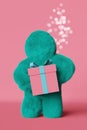 Cute plush rainbow Yeti gift box 3d rendering character pink background. Modern creative minimalist holiday sale design