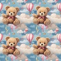 Cute plush teddy bear in the clouds on a balloon on a blue sky background. Seamless pattern. Children's toy Royalty Free Stock Photo