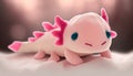 Cute plush toy axoloti, sits, soft warm lighting, background blur.