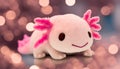 Cute plush toy axoloti, sits, soft warm lighting, background blur