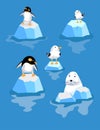 Cute polar animals, penguins, birds among the ice, icebergs in cartoon style. Characters set for postcards, books for