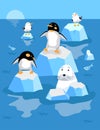 Cute polar animals, penguins, birds. Seal among the ice, icebergs in cartoon style. Scene for poster. Vector