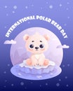 Cute polar bear baby on ice floe. Holiday International Polar Bear Day. Vector illustration in cartoon style with animal Royalty Free Stock Photo