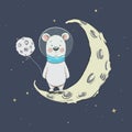 Cute polar bear on crescent moon