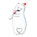 Cute polar bear eating an ice-cream, winter illusration with the cartoon character