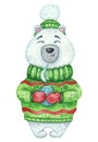 Cute Polar bear in green sweater and hat with a cup of hot drink