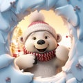 Cute Polar Bear with hat and scarf coming out of hole crack in Christmas Winter scene background