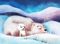 Cute polar bear mom and child on snow, winter time in the Arctic.