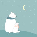 Cute Polar bear Mommy and child looking at crescent moon and star,Happy family Dad bear and cub siting together,Greeting card for