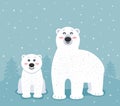 Cute polar bear mother with her baby bear cub on the background of snow and Christmas trees Royalty Free Stock Photo