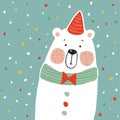 Cute Polar Bear With Party Hat And Paper. Confetti, Kids Poster Or Birthday Greeting Card, Illustration