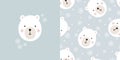 Cute polar bear card and seamless pattern. Children background with bear and snowflakes. Vector illustration set.