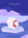 Cute polar bear walking on ice floe in red scarf, Christmas greeting card - cartoon flat vector illustration. Royalty Free Stock Photo