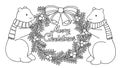 Cute polar bears holding Christmas wreath with hand drawn typo Merry Christmas, for illustration and coloring book page