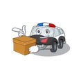 Cute police car cartoon character having a box