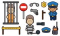 Cute police and prisoner with object equipment set cartoon vector icon illustration