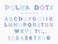 Cute polka dots font in pastel blue. Paper cutout ABC letters and numbers. Funny alphabet.