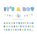 Cute polka dots font in pastel blue. Paper cutout ABC letters and numbers. Funny alphabet Royalty Free Stock Photo