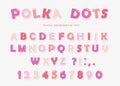 Cute polka dots font in pastel pink. Paper cutout ABC letters and numbers. Funny alphabet for girls.