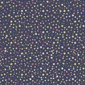 Cute polka dots seamless vector pattern background. Random painted pink, gold, yellow dot shapes on navy blue background Royalty Free Stock Photo