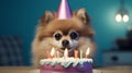 Cute Pomeranian dog celebrating birthday with cake and candles.