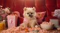 Cute Pomeranian Dog Enjoying Film Night with Popcorn and Lots of Snacks. Generative AI