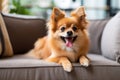 Cute Pomeranian dog lying on sofa at home in living room, An adorable image of a little pooch in a warm, friendly atmosphere,