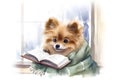 Cute Pomeranian dog is reading a book. Watercolor illustration