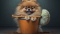 A Cute Pomeranian Dog Sitting in a Cleaning Bucket with a Mop