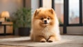 Cute Pomeranian puppy breed pretty room fluffy adorable animal relax house comfort