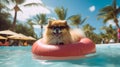 Cute Pomeranian with sunglasses on a pool float, Summer Vacation Concept