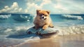 cute pomeranian rides on top of a sea turtle surfing By Generative AI Royalty Free Stock Photo