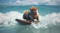 cute pomeranian rides on top of a sea turtle surfing By Generative AI