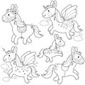 Cute ponies and unicorns. Vector black and white coloring page