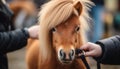 Cute pony nose, hand petted by woman generated by AI